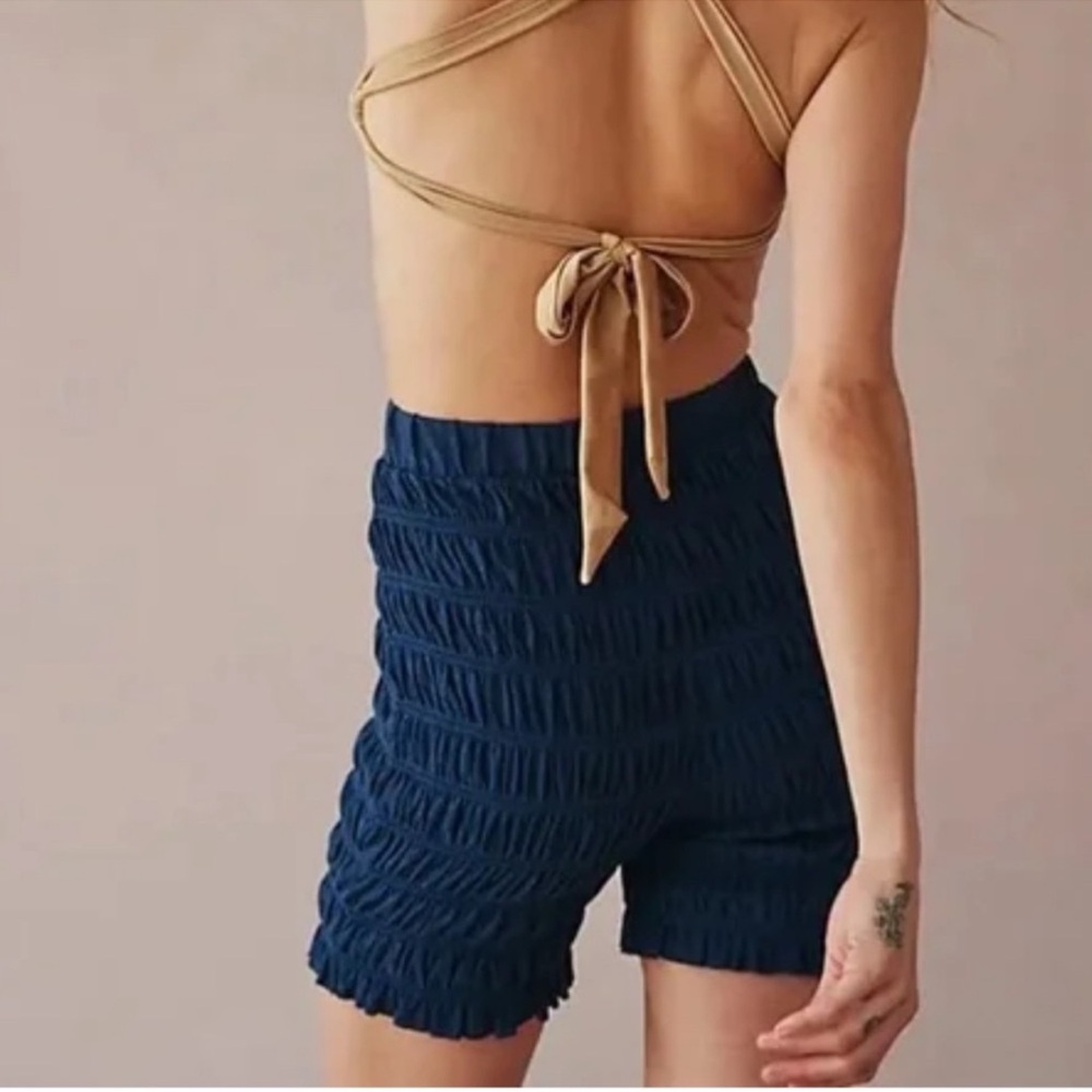 Free people Beach Jude Biker Tiered Ruched Pull On Shorts Linen Blue XS NWOT - Picture 4 of 4